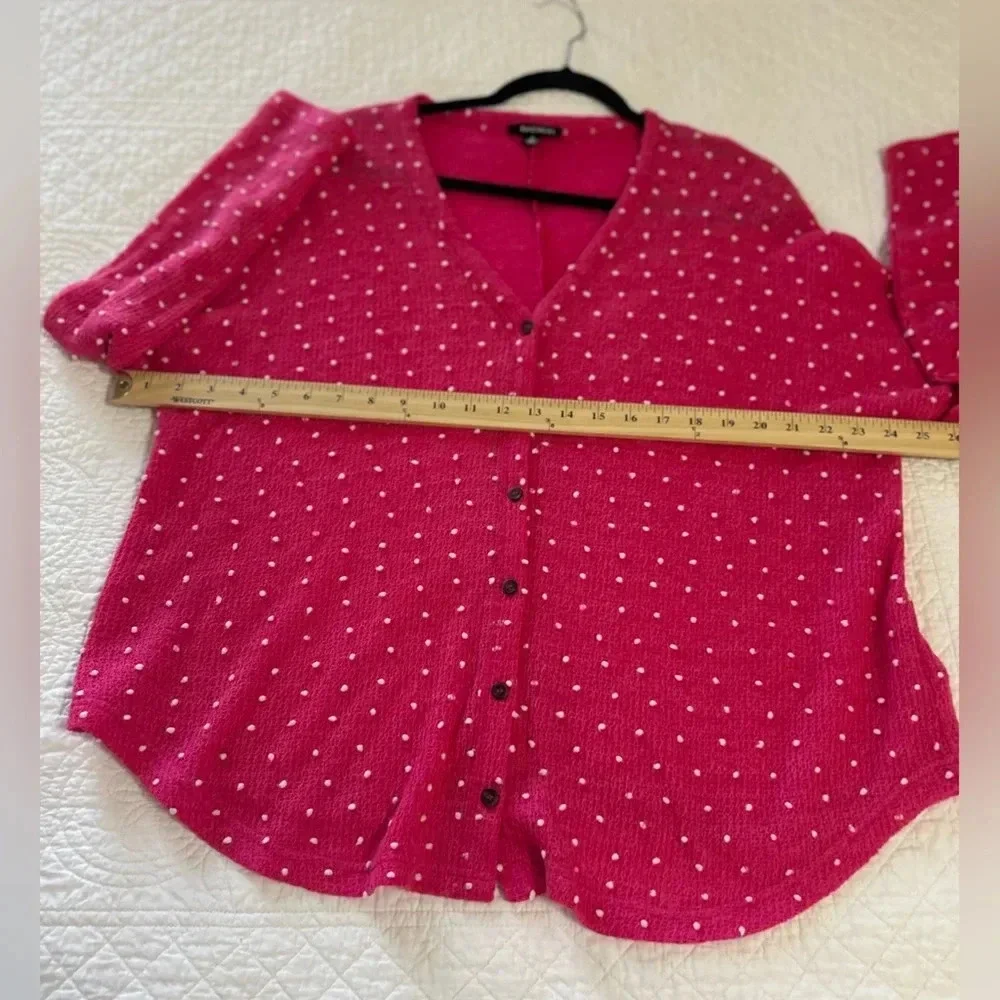 Racheal Hot Pink/White Polka Dot VNeck Cardigan. Twee. Mod. Preppy. Artsy.